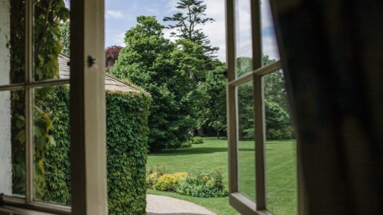View from an open window showing a garden with green grass, large trees, a hedge covered with ivy, and a gravel path under a partly cloudy sky.
