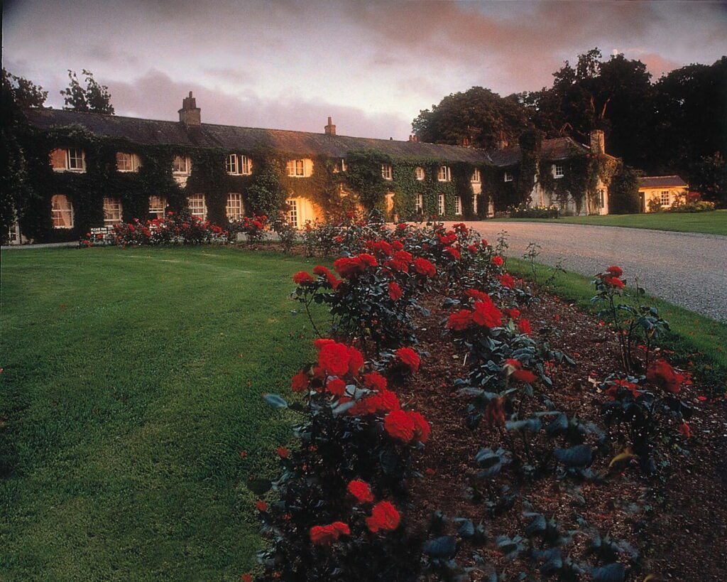 A large, ivy-covered country house with glowing windows stands behind a flowerbed of red roses and a gravel drive at dusk.
